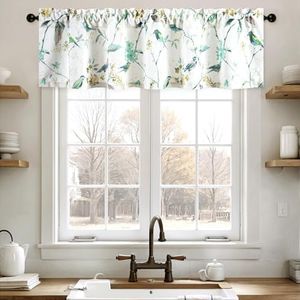 Leeva Bird Curtains Valances for Kitchen, Farmhouse Curtains for Small Windows, Rod Pocket Valance for Bedroom Living Room, 60 x 14 Inch, Green