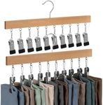 StorageWorks Wood Hanger for Pants, Wooden Pants Hangers with 10 Nonslip Clips, Set of 2 Legging Organizer for Closet, Space Saving Hangers Hold 20 Skirts, Hats, Shorts, Natural Wood Color