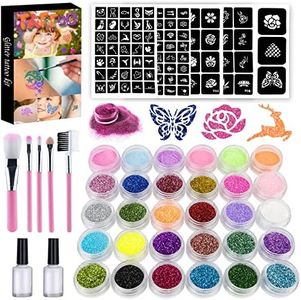 MOTYYA Temporary Glitter Tattoos Kit for Kids, 24 Large Glitter Colors & 6 Fluorescent Colors, 105 Stencils, Body Glitter Nail Art Glow in Dark Tattoo, Body Glitter Festival Party with 5 Brushes 2 Glue