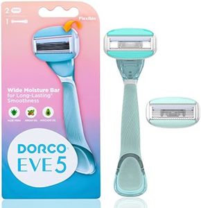 Dorco EVE5 Razors - Extra Smooth Shaving with 1 Handle & 2 Cartridge Refills, 5 Curved Blades, Flexible Aloe Vera Moisture Bar, Interchangeable Cartridge for Sensitive Skin