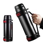 HappyGo 2L Large Coffee Vacuum Bottle Stainless Steel Insulated Bottle with Shoulder Strap & Cups Wide Mouth Travel Mug for Hot or Cold Beverages Present to Dad Mom (67OZ Black)