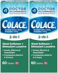 Colace 2-in-1 Stool Softener Plus Stimulant Laxative Tablets, 60 Count (Pack of 2), Gentle Constipation Relief, Docusate Sodium Plus Sennosides