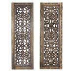 Benzara Floral Hand Carved Wooden Wall Panels, Assortment of Two, Rustic Brown