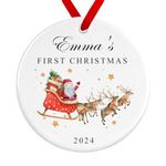 Baby First Christmas Bauble | Santa Sleigh Reindeers Ceramic Decoration | Personalised Baby's Name First Christmas Custom Ornament (Red Ribbon, Design 1)