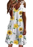 YMING Ladies Cold Shoulder Midi Elegant Dress Boho Holiday Beach Dress Floral Print Plus Size Dress Sunflower S