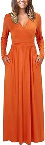 OUGES Womens Fall Long Sleeve V-Neck Wrap Waist Maxi Dress 2025(Orange,L)