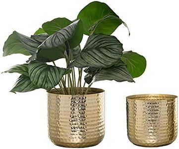 MyGift Modern Hammered Brass Plated Metal Plant Pots for Indoor Plants, Cylindrical Metallic Planter, 6 and 5-Inch, Set of 2 - Handcrafted in India