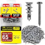 JNB Pro 100Pcs Zinc Dry Wall Anchors and Screws Kit Metal - 50 Pcs Self Drilling Anchors and 50 Pcs #8 x 1-1/4" Screws, Heavy Duty 65lb Capacity, No Need for Studs!