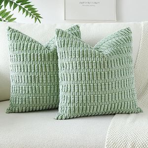 OTOSTAR Pack of 2 Corduroy Soft Decorative Throw Pillow Covers Boho Striped Square Cushion Case Home Decor Pillow Covers for Couch Sofa Bed Decorative Pillowcases 20 x 20 Inch (Sage Green)