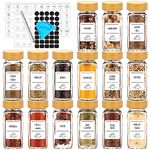 16 Pack 4oz Glass Spice Jars with Bamboo Lids,Clear Square Spice Containers Bottles with Shaker Lids,120 Spice Labels,1 Funnel and 1 Brush for Kitchen Storage