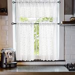 ALIGOGO Floral Lace Kitchen Curtains and Valances Set 3 Pc 24 inch Length Cottage Sheer Cafe Curtains with Valance Boho Country Farmhouse Decor for Office Laundry Bathroom RV,52" x 24" White