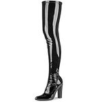 WSKEISP Women's Thigh High Boots Patent Leather PU Heeled Over The Knee High Boots Sexy Pointed Toe Chunky Heel GOGO Boots, Black, 6