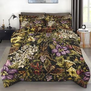 Pamnest 2 Pcs Comforter Set Twin Size, Vintage Flower Plants Soft Bedding Set for Kids and Adults, Skull Moth Witch Comforter Set with Pillowcase, for Bedroom Bed Decor