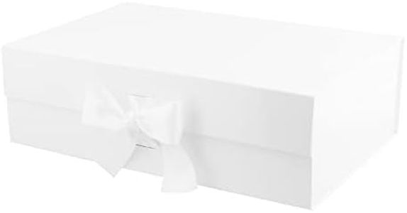 MALICPLUS Large Gift Box with Ribbon 34x22.5x10 CM, White Gift Box with Lid, Bridesmaid Proposal Box, Magnetic Gift Box, Luxury Gift Box for presents (Glossy White)