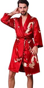 Haseil Men's Satin Robe Dragon Luxurious Silk Spa Long Sleeve House Kimono Bathrobe, Rose Red, XX-Large