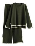 Famulily Women's 2 Piece Long Sleeve Travel Outfits Split Hem Top with Elastic Wide Leg Pants Cozy Lounge Sets Army Green L