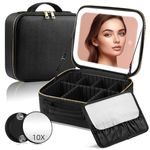 Travel Makeup Bag with LED Mirror,Travel Makeup Organizer,Makeup Case with Lighted Mirror 3 Color Setting,Waterproof Makeup Box with 10X Magnifying Mirror,Adjustable Dividers,Black