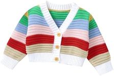 Hadetoto Baby Sweater Cardigan Knit Spring Coat Long Sleeve Cardigan V-Neck Outfits for Baby Girl, Red-rainbow, 12-18 Months