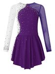 TSSOE Kids Girls Figure Skating Dress Long Sleeves Glitter Rhinestone Dance Performance Costume Purple 8 Years