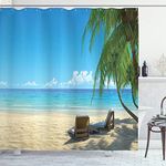 Ambesonne Tropical Decor Collection Two Stylish Beach Chairs on Beach Relaxing Shadow from the Palm Trees Photography Polyester Fabric Bathroom Shower Curtain Set with Hooks Green Blue Ivory