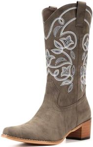 IUV Cowboy Boots For Women Pointy Toe Women's Western Boots Cowgirl Boots Mid Calf Boots, Khaki, 9