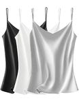 VIDUSSA Womens V Neck Camisole Silk Satin Cami Tank Tops Casual Sleeveless Shirt Blouses Pack 3 Pack Black+White+Grey XL