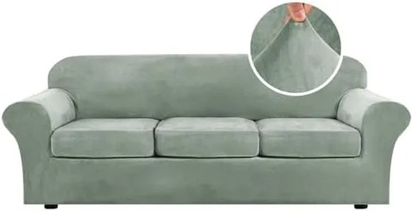 H.VERSAILTEX Velvet 4 Piece High Stretch Sofa Slipcover Sofa Cover Furniture Protector Form Fit Luxury Thick Velvet Extra Large Sofa Cover for 3 Cushion Couch Width Up to 105 Inch (XL Sofa, Sea Grass)