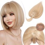 TESS Human Hair Toppers with Fringe, Pony Clip in Hair Toppers for Thinning Hair Women Real Hair, Mono Base Toupee Hair Topper for Women Human Hair, 14 Inch #18P613 Ash Blonde & Bleach Blonde