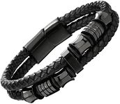 COOLSTEELANDBEYOND Mens Double-Row Black Braided Leather Bracelet Bangle Wristband with Black Stainless Steel Ornaments