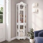BELLEZE Lighted 3-Side Glass Display Curio Cabinet w/Tempered Glass Doors and Shelves, Curved Wood Corner Cabinet with Bulb, Corner Storage Decoration Rack for Living Room & Bedroom Loraine (White)