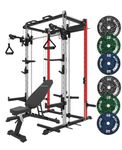 EONFITOmni Smith Machine Home Gym Package, Power Rack Cage with Smith Bar, Cable Crossover LAT Pulldown Machine Pulley System Free Motion Arms 1000lbs (Red(Smith Machine Package))