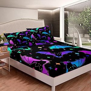 Halloween Bat Bedding Sets Twin Size Glitter Stars Galaxy Bed Sheets for Kids Child, Gothic Bats Fitted Sheet Halloween Home Decor Teal Blue Green Purple