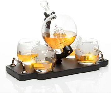 Don Vassie Globe Decanter Set 850ml with 4 Glasses and Wooden Tray Base with Gold Handles