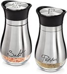 Stainless Steel Salt and Pepper Shaker Set with Glass Bottom, Perforated "S" and "P" Caps - Modern Kitchen Counter Decor (4oz)