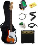 Stedman Beginner Series Bass Guitar Bundle with 15-Watt Amp, Gig Bag, Instrument Cable, Strap, Strings, Picks, and Polishing Cloth - Sunburst