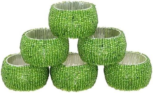 YourKart Handmade Indian Beaded Napkin Rings for Christmas, Thanksgiving, Holiday Party, Dinner Party - Napkin Holder Set of 6 (Green)