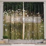 Ambesonne Fishing Kitchen Curtains, Sign on a Pole Among Summer Daisy Floral Field Nature Illustration Printed, Window Drapes 2 Panel Set for Kitchen Cafe Decor, 55" x 39", Green and Off White