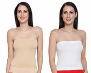 GLAMORAS Women Nylon Spandex Non Padded Non Wired Comfort Fit Seamless Strapless Stretchable Crop Top Long Bandeau Tube Top Inner Camisole - Free Size, White/Beige - Pack of 2