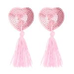 WLLHYF 1 Pair Women Reusable Breast Pasties, Valentine's Day Heart-Shaped Breast Bra with Sequins Tassel Adhesive Nipple Cover Stickers (pink)