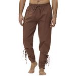 Buetory Mens Ankle Banded Cuff Pants Cotton Linen Renaissance Gothic Medieval Viking Navigator Pirate Trousers Gothic Pants(Brown,3X-Large)