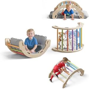 COSYLAND Kids Climber Arch Rocker with Cushion,Solid Wood Indoor Pikler Climbing Toys for Toddler with 4 Handrails On Each Side,Scentless Indoor Playground Arch Climbing Ladder (Rainbow)