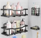 HURUC Shower Caddy Corner, Stainless Steel Bathroom Storage Shelf with Extra No Drill Shelf Adhesive Hooks, Rustproof 4 Pieces Black Shower Shelf Storage Organiser Set with Toothbrush and Soap Holder