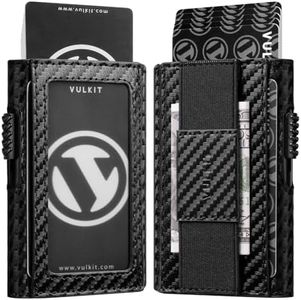 VULKIT Mens Minimalist Wallet for Max. 8 Cards with Pop-Up Credit Card Ejector RFID Blocking, ID Window and Elastic Strap for Bills or Keyring, Gift Box Packed, Carbon Black