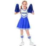 LOLANTA Girls Cheerleader Costume, School Musical Blue Cheerleading Uniform Outfit with Pom Poms(8-9 Yrs,Blue,Tag 140)