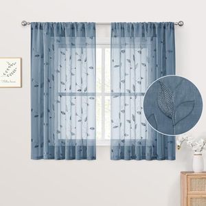 HOMEIDEAS Stone Blue Sheer Kitchen Curtains 52 x 45 Inch Length 2 Panels Embroidered Leaf Pattern Short Curtains for Bedroom Half Small Bathroom Window Rod Pocket Tiers