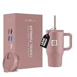 IRON °FLASK Co-Pilot 16 oz Insulated Tumbler w/Straw & Flip Cap Lids - Cup Holder Bottle for Hot, Cold Drink - Leak-Proof - Water, Coffee Portable Travel Mug - Valentines Day Gifts - Rose Gold