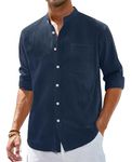 Alimens & Gentle Men's Cotton Linen Shirts Long Sleeve Button Down Shirt Band Collar Beach Shirts, Navy Blue, XXXXL