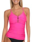 RELLECIGA Women's Neon Rose V Neck Shirred Tankini Top Swimsuits Tummy Control Bathing Suit Size Large