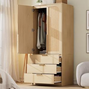 GarveeHome Armoire Wardrobe Closet, 69.5" Wooden Wardrobe Cabinet with 3 Drawers, Hanging Rod, 2 Doors Clothing Storage Cabinet for Bedroom, Large Capacity Storage, Rattan Door, Natural