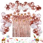 Rose Gold Birthday Decorations, 74pcs Rose Gold White Balloons with Rosegold Confetti Balloons Curtain & Happy Birthday Banner for Girls Women Birthday Party Wedding Baby Shower